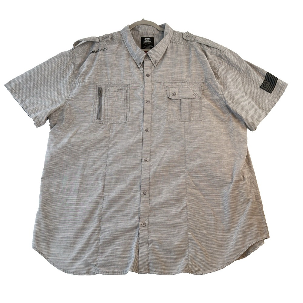 Ecko Unltd Mens Shirt 4XL Light Gray Short Sleeve Button Up Zipper Pocket Emblem
